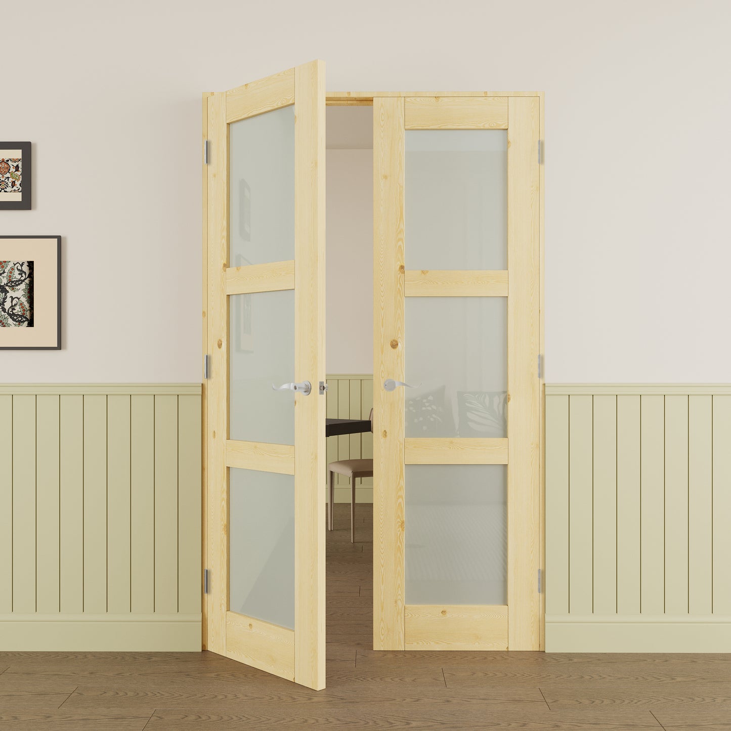 JUJUBON Prehung French Door, 3-Lite Tempered Frosted Glass & Pine Wood Panel with Sliver Handware Kits, 4 Levers & Latch, Solid Core Interior Doors, Uninished & Paintable Double Doors Interior