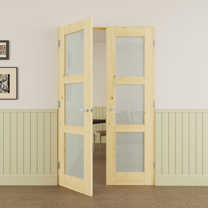 JUJUBON Prehung French Door, 3-Lite Tempered Frosted Glass & Pine Wood Panel with Sliver Handware Kits, 4 Levers & Latch, Solid Core Interior Doors, Uninished & Paintable Double Doors Interior