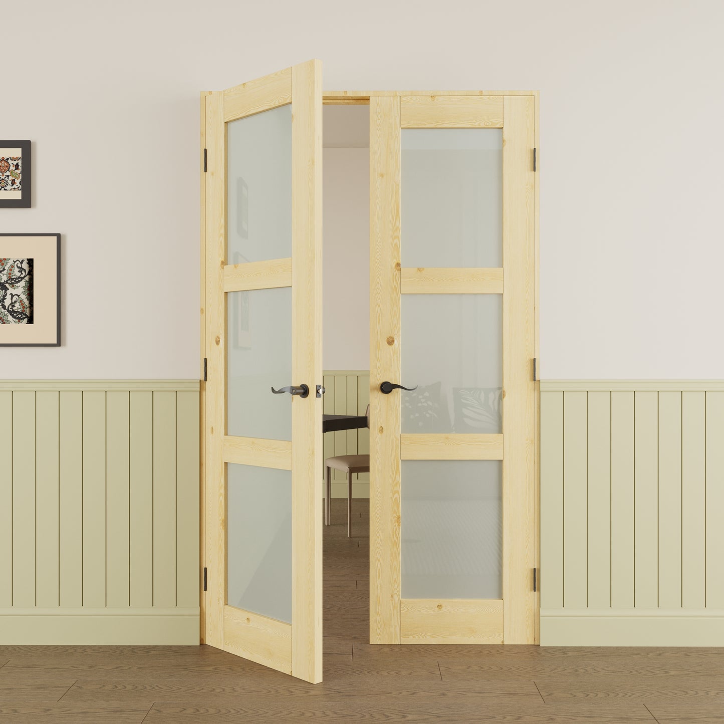 JUJUBON Prehung French Door, 3-Lite Tempered Frosted Glass & Pine Wood Door Slabs with Jamb, Black Hinges, 4 Levers & Latch, Solid Core Interior Doors, Unfinished Double Doors Interior