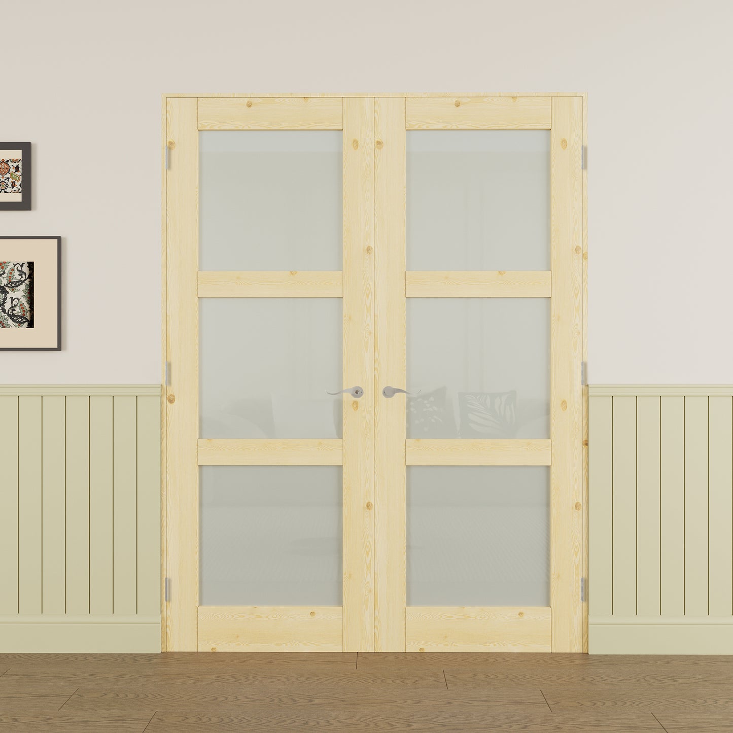 JUJUBON Prehung French Door, 3-Lite Tempered Frosted Glass & Pine Wood Panel with Sliver Handware Kits, 4 Levers & Latch, Solid Core Interior Doors, Uninished & Paintable Double Doors Interior