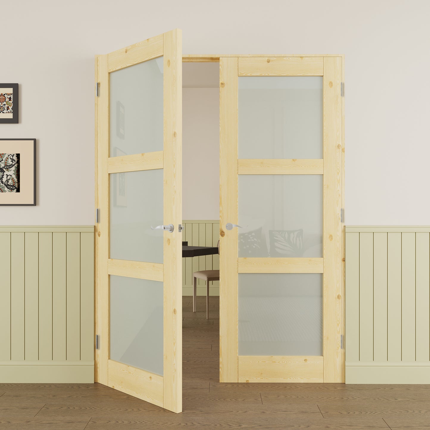 JUJUBON Prehung French Door, 3-Lite Tempered Frosted Glass & Pine Wood Panel with Sliver Handware Kits, 4 Levers & Latch, Solid Core Interior Doors, Uninished & Paintable Double Doors Interior