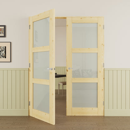 JUJUBON Prehung French Door, 3-Lite Tempered Frosted Glass & Pine Wood Panel with Sliver Handware Kits, 4 Levers & Latch, Solid Core Interior Doors, Uninished & Paintable Double Doors Interior