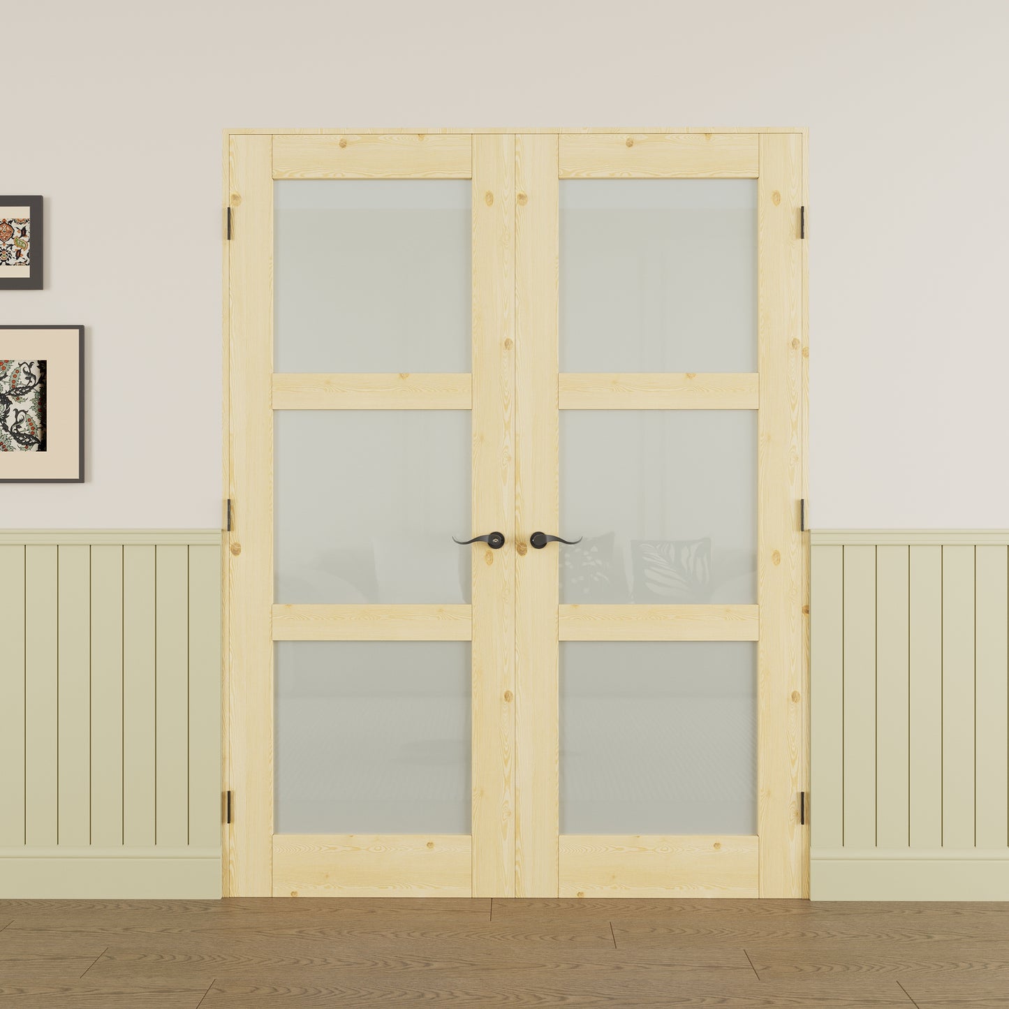 JUJUBON Prehung French Door, 3-Lite Tempered Frosted Glass & Pine Wood Door Slabs with Jamb, Black Hinges, 4 Levers & Latch, Solid Core Interior Doors, Unfinished Double Doors Interior