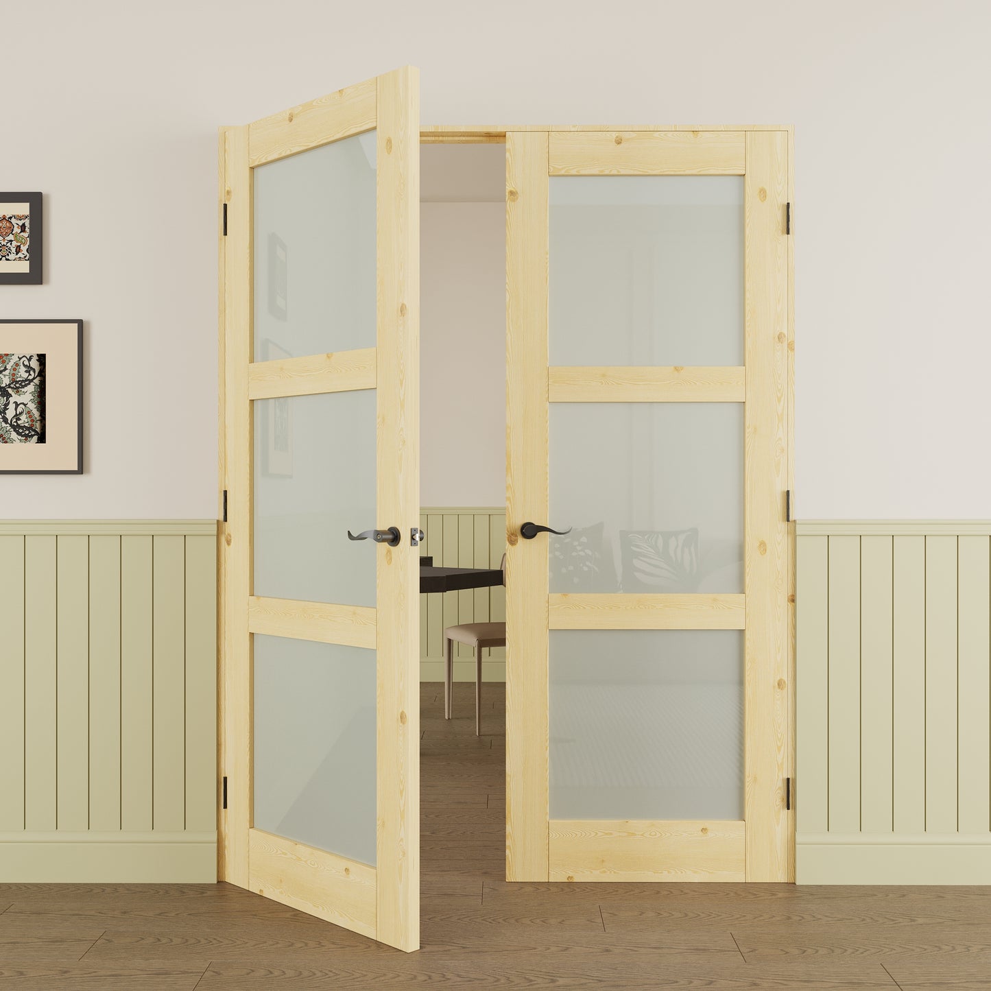 JUJUBON Prehung French Door, 3-Lite Tempered Frosted Glass & Pine Wood Door Slabs with Jamb, Black Hinges, 4 Levers & Latch, Solid Core Interior Doors, Unfinished Double Doors Interior