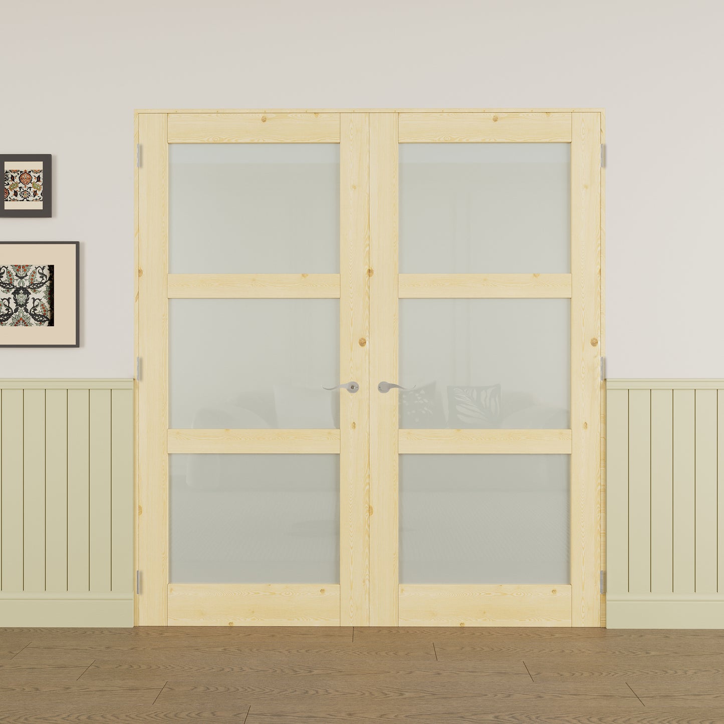 JUJUBON Prehung French Door, 3-Lite Tempered Frosted Glass & Pine Wood Panel with Sliver Handware Kits, 4 Levers & Latch, Solid Core Interior Doors, Uninished & Paintable Double Doors Interior