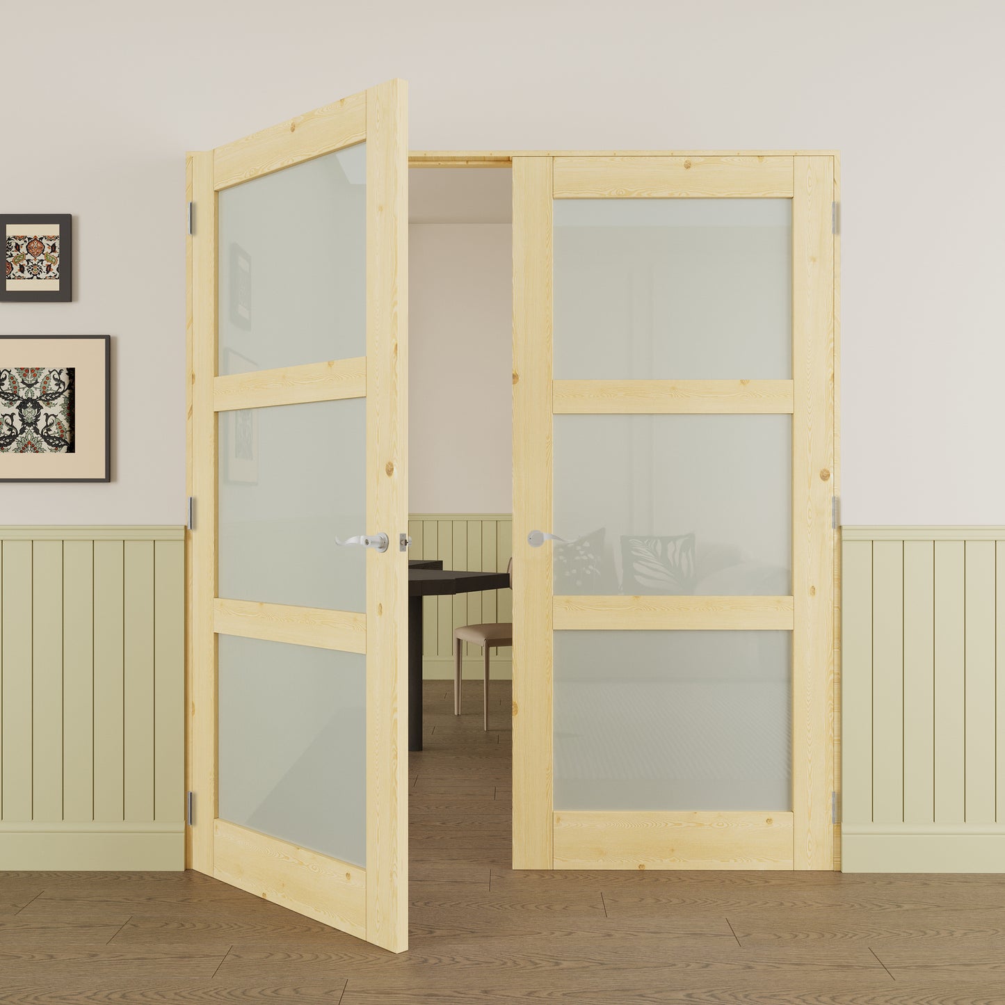 JUJUBON Prehung French Door, 3-Lite Tempered Frosted Glass & Pine Wood Panel with Sliver Handware Kits, 4 Levers & Latch, Solid Core Interior Doors, Uninished & Paintable Double Doors Interior