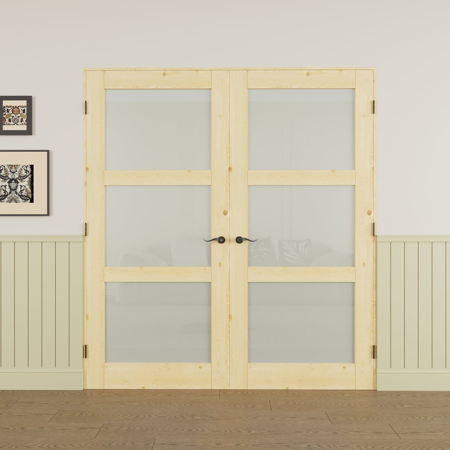 JUJUBON Prehung French Door, 3-Lite Tempered Frosted Glass & Pine Wood Door Slabs with Jamb, Black Hinges, 4 Levers & Latch, Solid Core Interior Doors, Unfinished Double Doors Interior