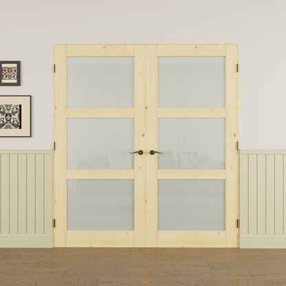JUJUBON Prehung French Door, 3-Lite Tempered Frosted Glass & Pine Wood Door Slabs with Jamb, Black Hinges, 4 Levers & Latch, Solid Core Interior Doors, Unfinished Double Doors Interior