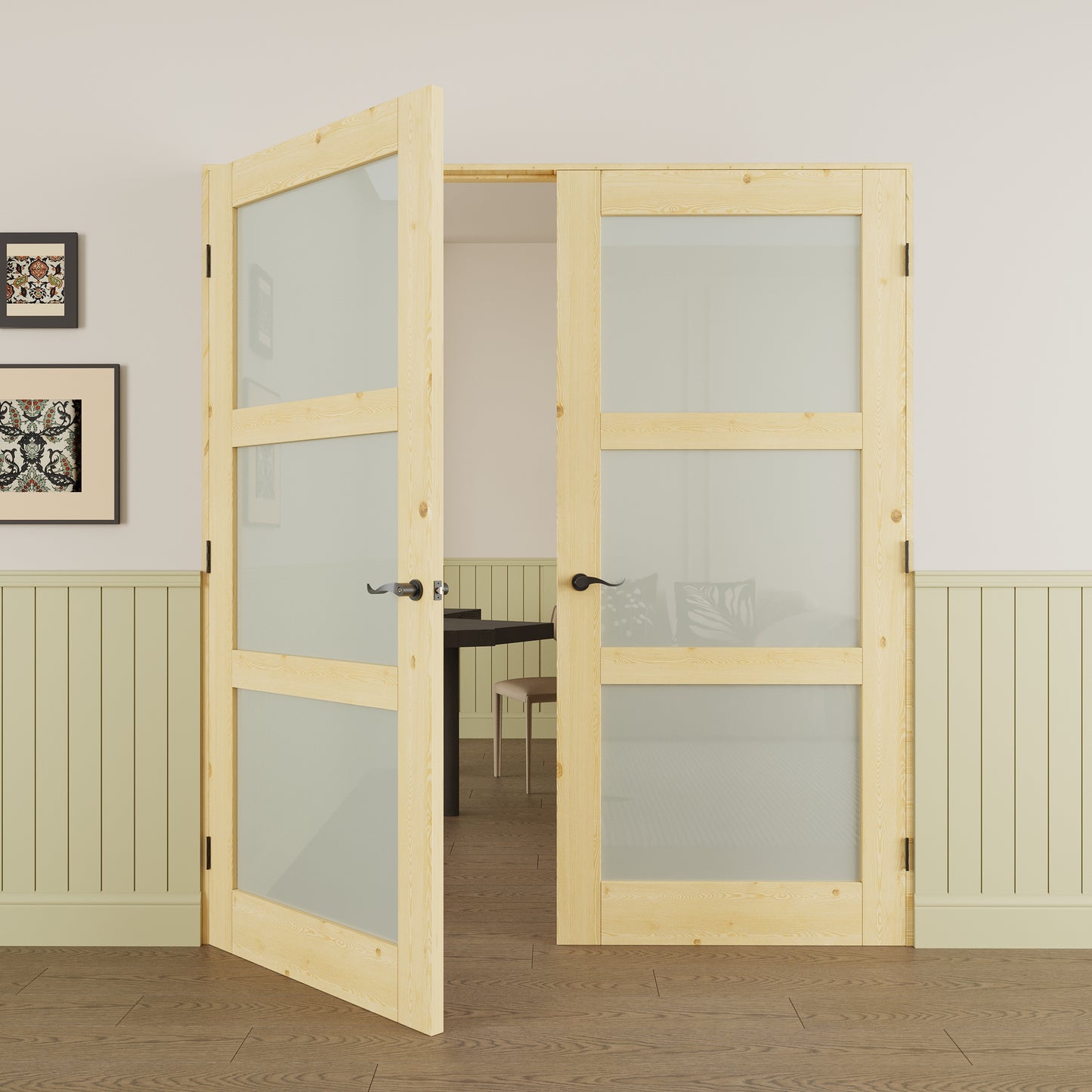 JUJUBON Prehung French Door, 3-Lite Tempered Frosted Glass & Pine Wood Door Slabs with Jamb, Black Hinges, 4 Levers & Latch, Solid Core Interior Doors, Unfinished Double Doors Interior