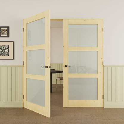 JUJUBON Prehung French Door, 3-Lite Tempered Frosted Glass & Pine Wood Door Slabs with Jamb, Black Hinges, 4 Levers & Latch, Solid Core Interior Doors, Unfinished Double Doors Interior