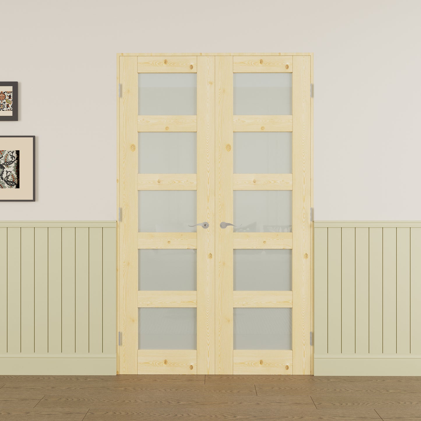 JUJUBON Prehung French Door, 5-Lite Tempered Frosted Glass & Pine Wood Panel with Sliver Handware Kits, 4 Levers & Latch, Solid Core Interior Doors, Uninished & Paintable Double Doors Interior
