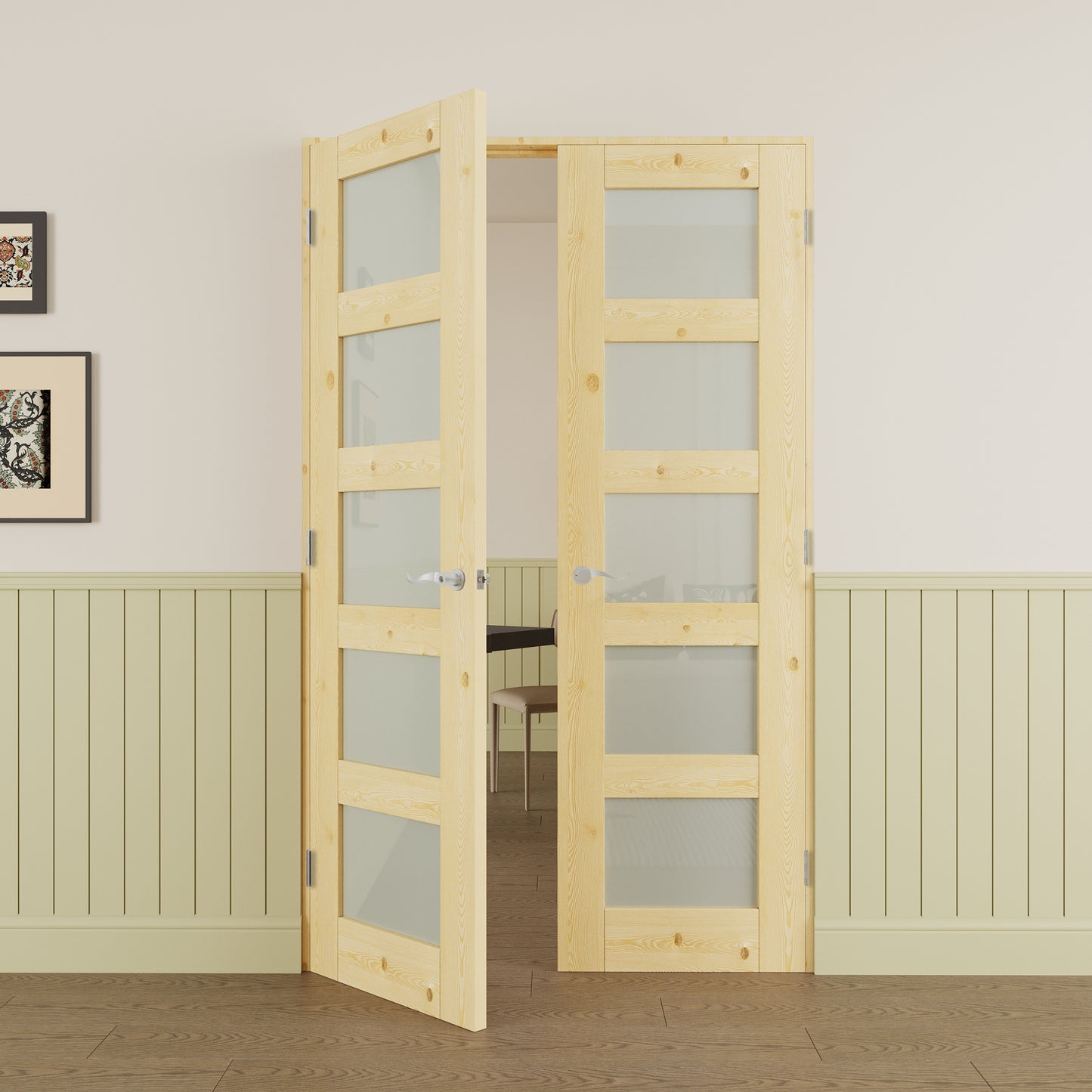 JUJUBON Prehung French Door, 5-Lite Tempered Frosted Glass & Pine Wood Panel with Sliver Handware Kits, 4 Levers & Latch, Solid Core Interior Doors, Uninished & Paintable Double Doors Interior