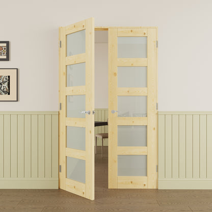 JUJUBON Prehung French Door, 5-Lite Tempered Frosted Glass & Pine Wood Panel with Sliver Handware Kits, 4 Levers & Latch, Solid Core Interior Doors, Uninished & Paintable Double Doors Interior