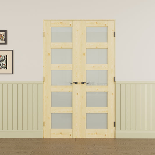JUJUBON Prehung French Door, 5-Lite Tempered Frosted Glass & Pine Wood Door Slabs with Jamb, Black Hinges, 4 Levers & Latch, Solid Core Interior Doors, Unfinished Double Doors Interior
