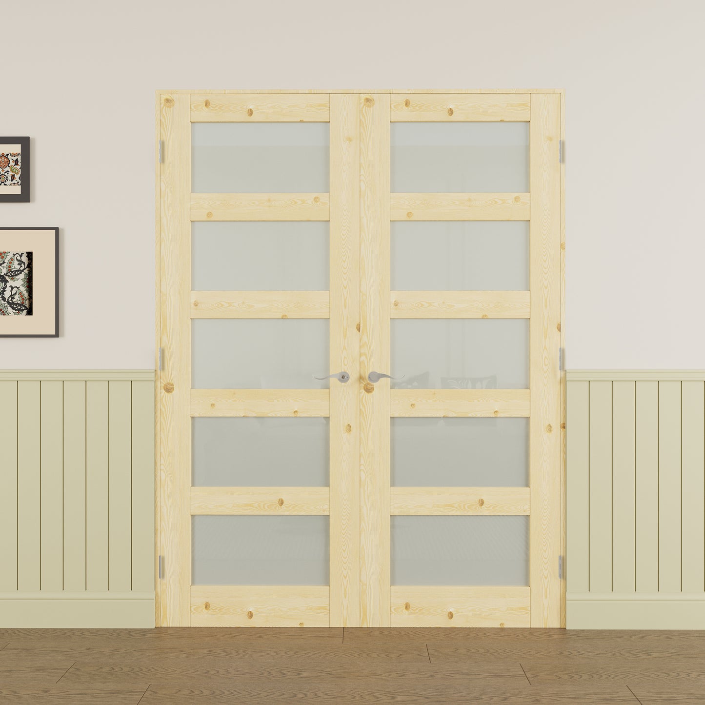JUJUBON Prehung French Door, 5-Lite Tempered Frosted Glass & Pine Wood Panel with Sliver Handware Kits, 4 Levers & Latch, Solid Core Interior Doors, Uninished & Paintable Double Doors Interior