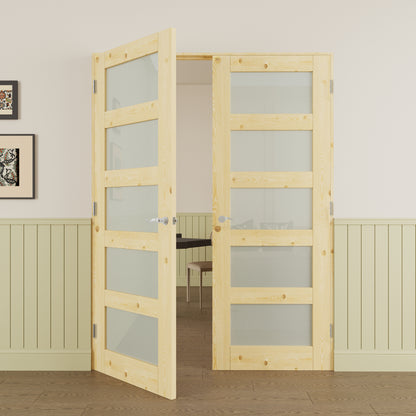 JUJUBON Prehung French Door, 5-Lite Tempered Frosted Glass & Pine Wood Panel with Sliver Handware Kits, 4 Levers & Latch, Solid Core Interior Doors, Uninished & Paintable Double Doors Interior