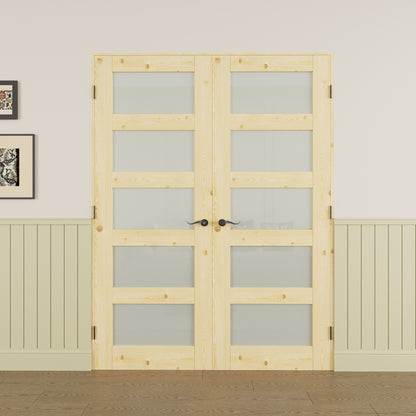 JUJUBON Prehung French Door, 5-Lite Tempered Frosted Glass & Pine Wood Door Slabs with Jamb, Black Hinges, 4 Levers & Latch, Solid Core Interior Doors, Unfinished Double Doors Interior
