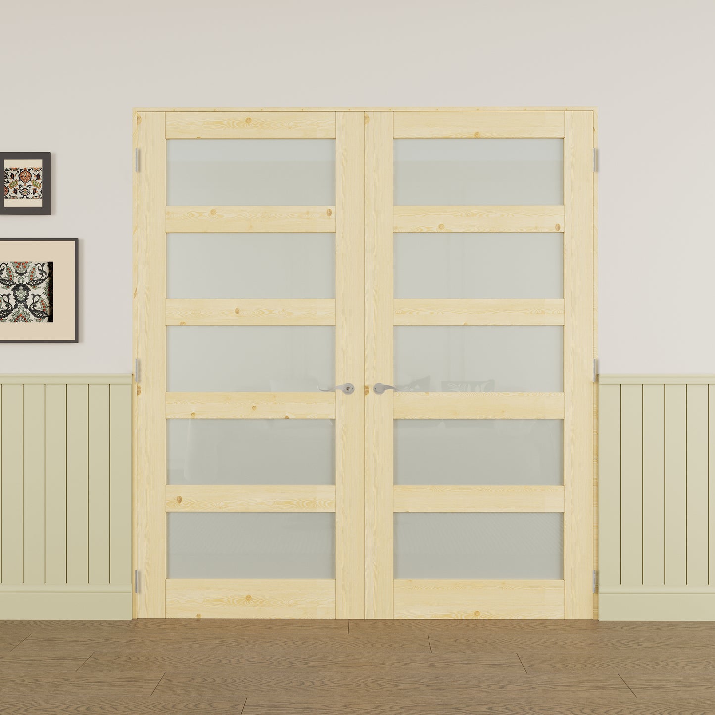 JUJUBON Prehung French Door, 5-Lite Tempered Frosted Glass & Pine Wood Panel with Sliver Handware Kits, 4 Levers & Latch, Solid Core Interior Doors, Uninished & Paintable Double Doors Interior