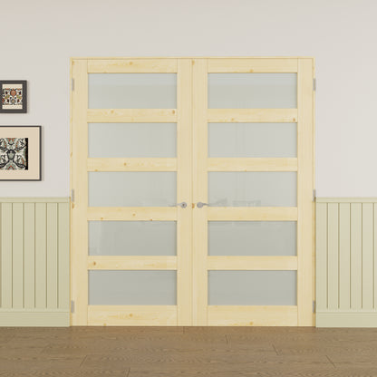 JUJUBON Prehung French Door, 5-Lite Tempered Frosted Glass & Pine Wood Panel with Sliver Handware Kits, 4 Levers & Latch, Solid Core Interior Doors, Uninished & Paintable Double Doors Interior