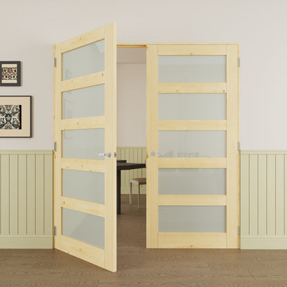 JUJUBON Prehung French Door, 5-Lite Tempered Frosted Glass & Pine Wood Panel with Sliver Handware Kits, 4 Levers & Latch, Solid Core Interior Doors, Uninished & Paintable Double Doors Interior