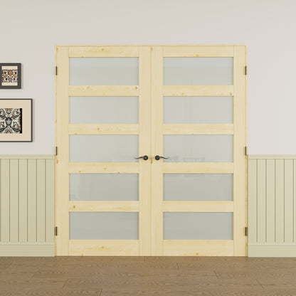 JUJUBON Prehung French Door, 5-Lite Tempered Frosted Glass & Pine Wood Door Slabs with Jamb, Black Hinges, 4 Levers & Latch, Solid Core Interior Doors, Unfinished Double Doors Interior