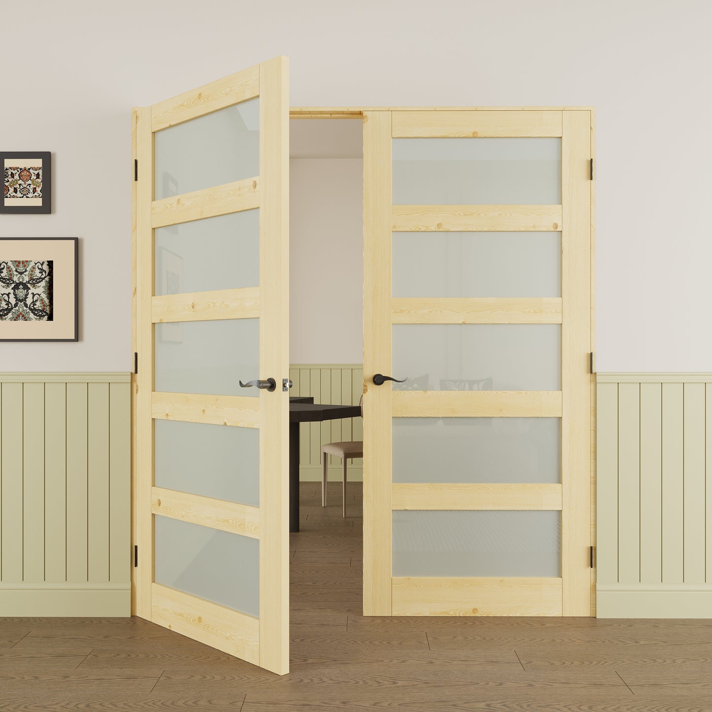 JUJUBON Prehung French Door, 5-Lite Tempered Frosted Glass & Pine Wood Door Slabs with Jamb, Black Hinges, 4 Levers & Latch, Solid Core Interior Doors, Unfinished Double Doors Interior