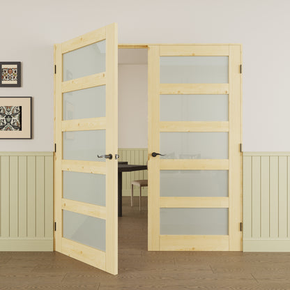 JUJUBON Prehung French Door, 5-Lite Tempered Frosted Glass & Pine Wood Door Slabs with Jamb, Black Hinges, 4 Levers & Latch, Solid Core Interior Doors, Unfinished Double Doors Interior
