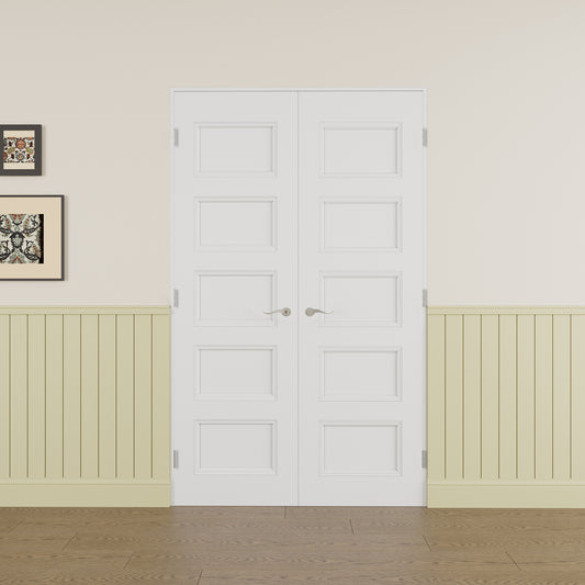 JUJUBON Prehung French Door, 5 Panel Solid Core Door Slabs with Sliver Handware Kits, 4 Levers & Latch, Solid Core Interior Doors, Pre-Finished & Paintable, MDF Double Doors Interior