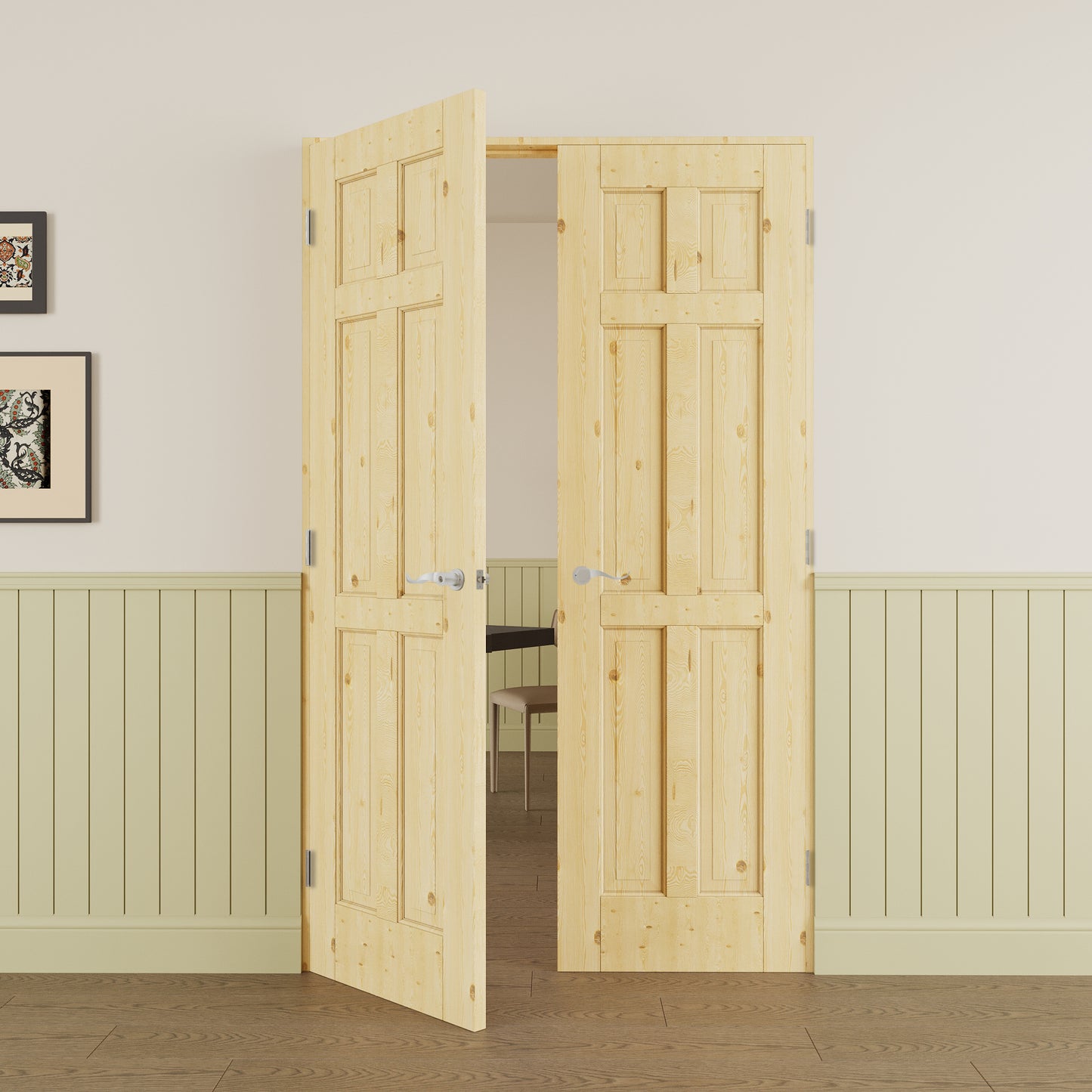 JUJUBON Prehung French Door, 6-Lite Pine Wood Panel with Sliver Handware Kits, 4 Levers & Latch, Solid Core Interior Doors, Uninished & Paintable Double Doors Interior