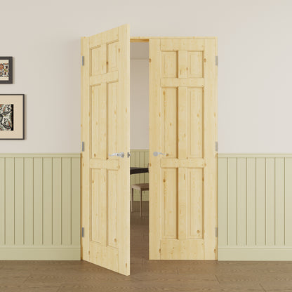 JUJUBON Prehung French Door, 6-Lite Pine Wood Panel with Sliver Handware Kits, 4 Levers & Latch, Solid Core Interior Doors, Uninished & Paintable Double Doors Interior