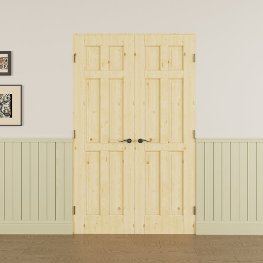 JUJUBON Prehung French Door, 6 Panel Solid Core MDF & Pine Wood Door Slabs with Jamb, Black Hinges, 4 Levers & Latch, Solid Core Interior Doors, Unfinished Double Doors Interior