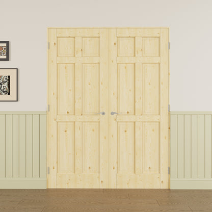 JUJUBON Prehung French Door, 6-Lite Pine Wood Panel with Sliver Handware Kits, 4 Levers & Latch, Solid Core Interior Doors, Uninished & Paintable Double Doors Interior