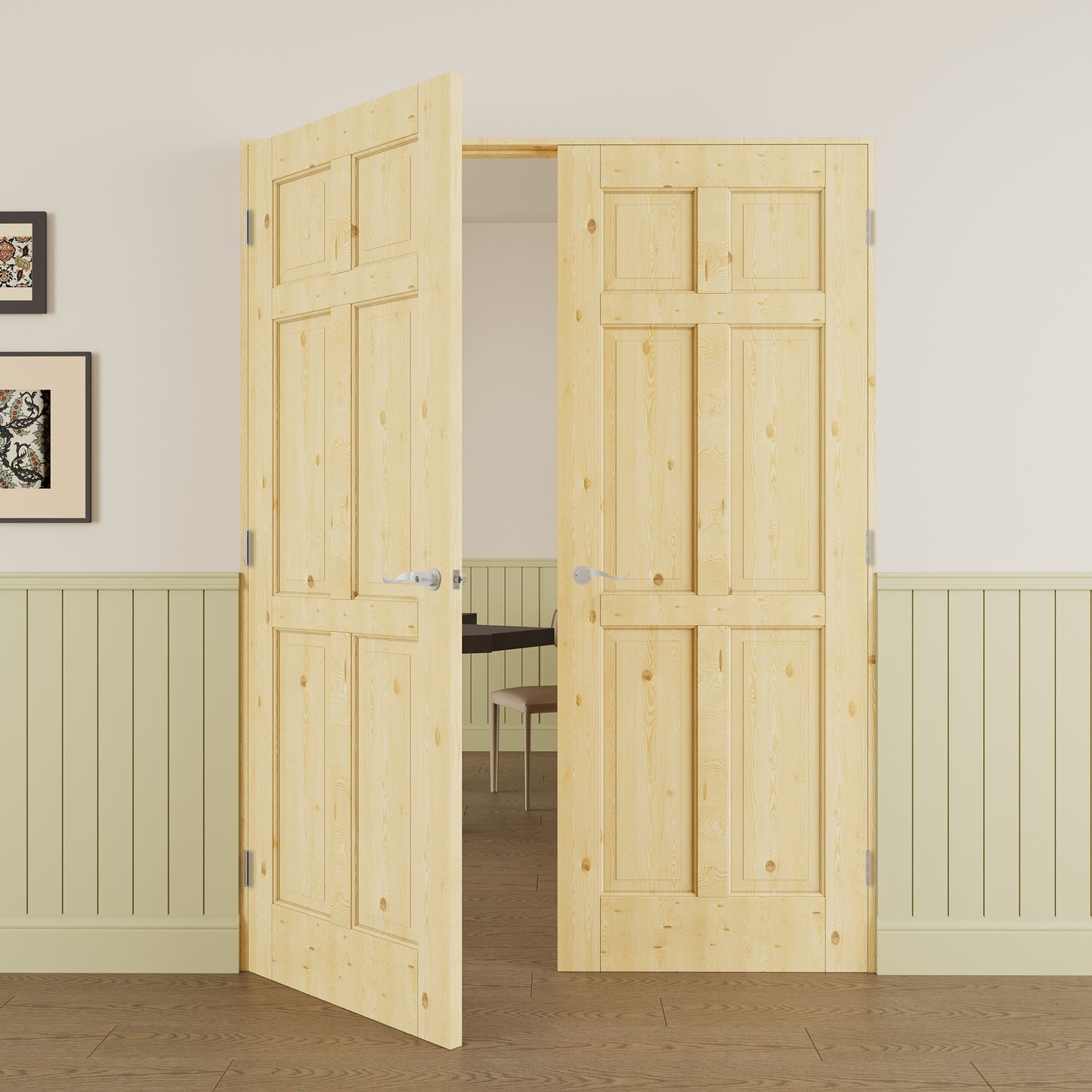 JUJUBON Prehung French Door, 6-Lite Pine Wood Panel with Sliver Handware Kits, 4 Levers & Latch, Solid Core Interior Doors, Uninished & Paintable Double Doors Interior