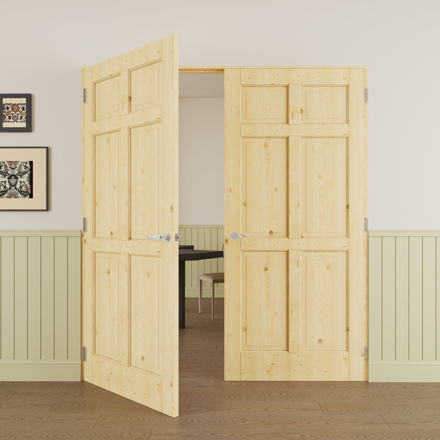JUJUBON Prehung French Door, 6-Lite Pine Wood Panel with Sliver Handware Kits, 4 Levers & Latch, Solid Core Interior Doors, Uninished & Paintable Double Doors Interior