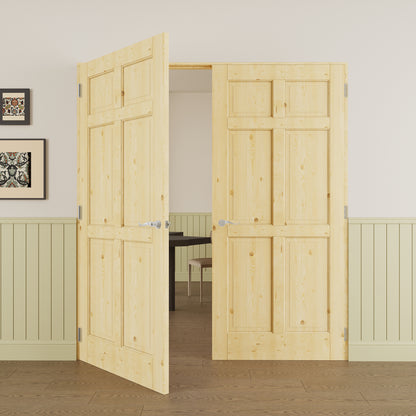 JUJUBON Prehung French Door, 6-Lite Pine Wood Panel with Sliver Handware Kits, 4 Levers & Latch, Solid Core Interior Doors, Uninished & Paintable Double Doors Interior