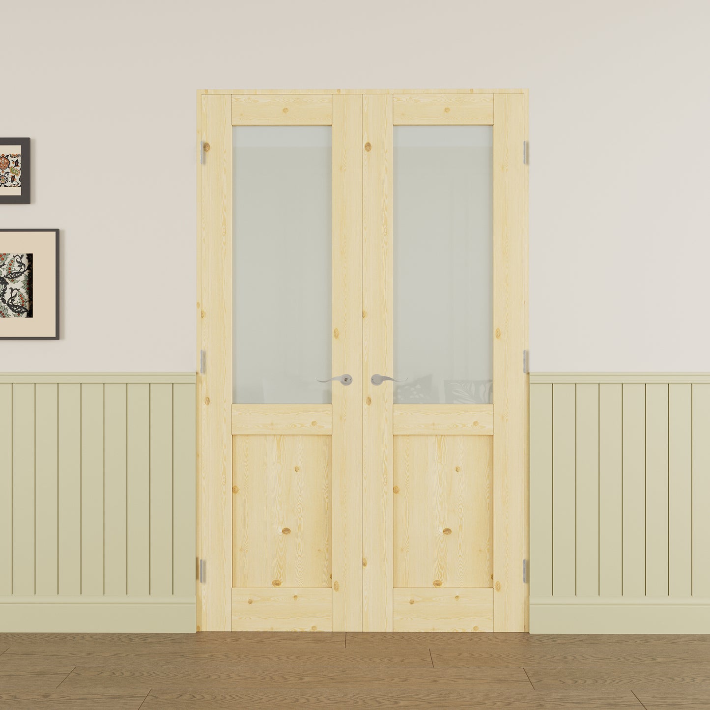 JUJUBON Prehung French Door, Half-Lite Tempered Frosted Glass & Pine Wood Panel with Sliver Handware Kits, 4 Levers & Latch, Solid Core Interior Doors, Uninished & Paintable Double Doors Interior