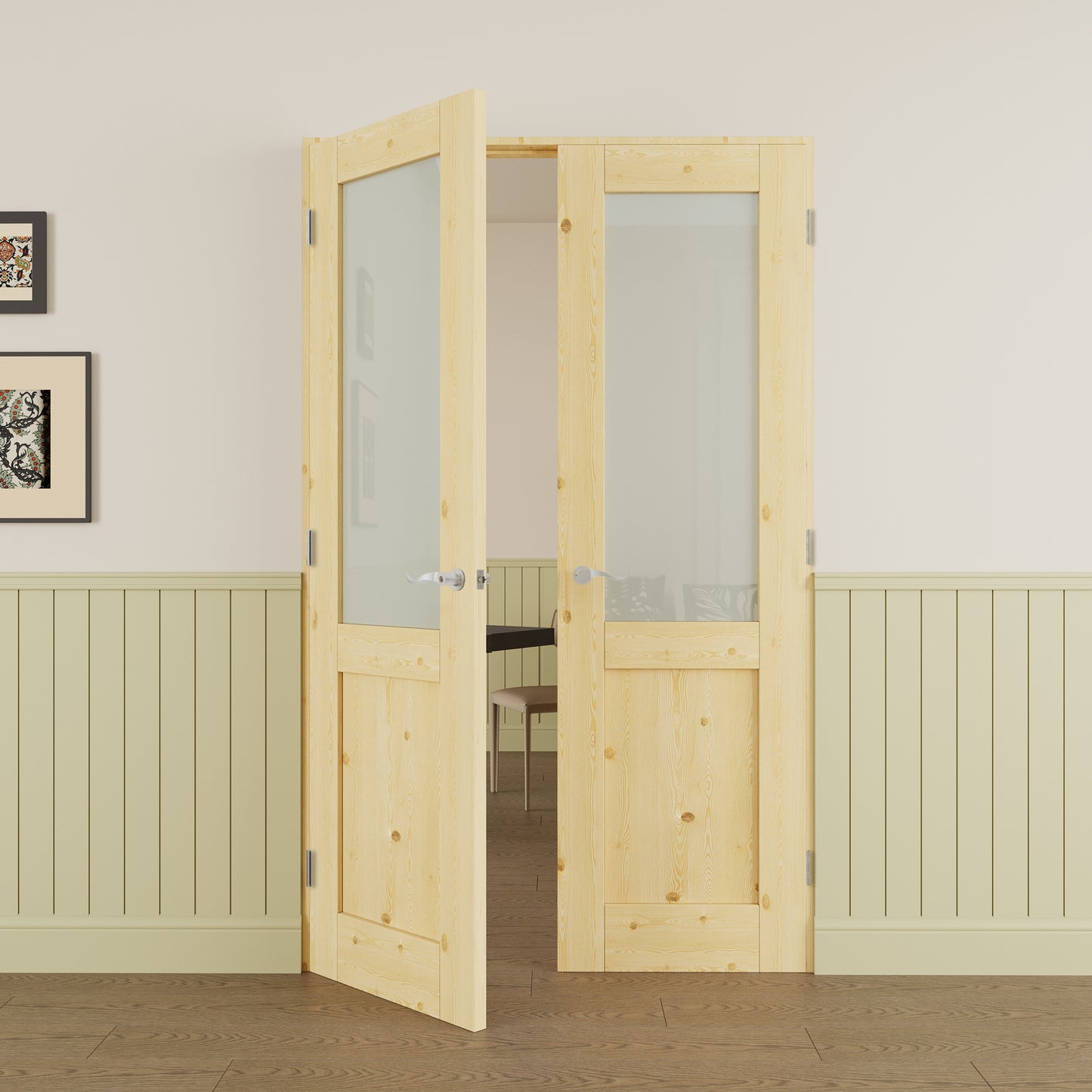JUJUBON Prehung French Door, Half-Lite Tempered Frosted Glass & Pine Wood Panel with Sliver Handware Kits, 4 Levers & Latch, Solid Core Interior Doors, Uninished & Paintable Double Doors Interior