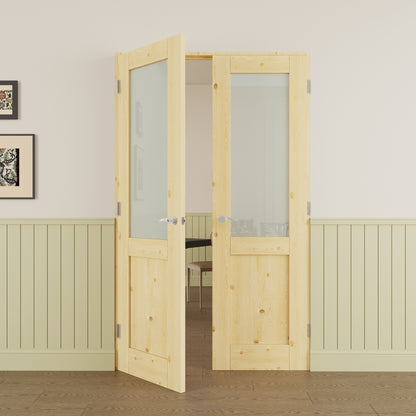 JUJUBON Prehung French Door, Half-Lite Tempered Frosted Glass & Pine Wood Panel with Sliver Handware Kits, 4 Levers & Latch, Solid Core Interior Doors, Uninished & Paintable Double Doors Interior