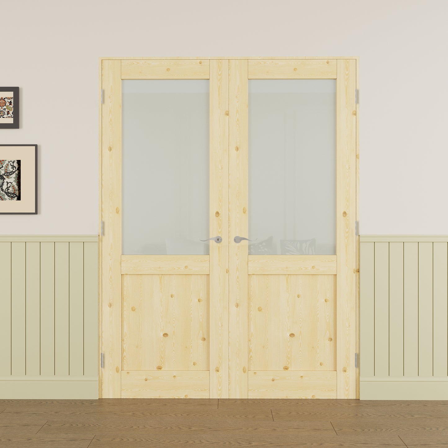 JUJUBON Prehung French Door, Half-Lite Tempered Frosted Glass & Pine Wood Panel with Sliver Handware Kits, 4 Levers & Latch, Solid Core Interior Doors, Uninished & Paintable Double Doors Interior