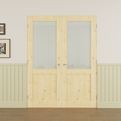 JUJUBON Prehung French Door, Half-Lite Tempered Frosted Glass & Pine Wood Panel with Sliver Handware Kits, 4 Levers & Latch, Solid Core Interior Doors, Uninished & Paintable Double Doors Interior