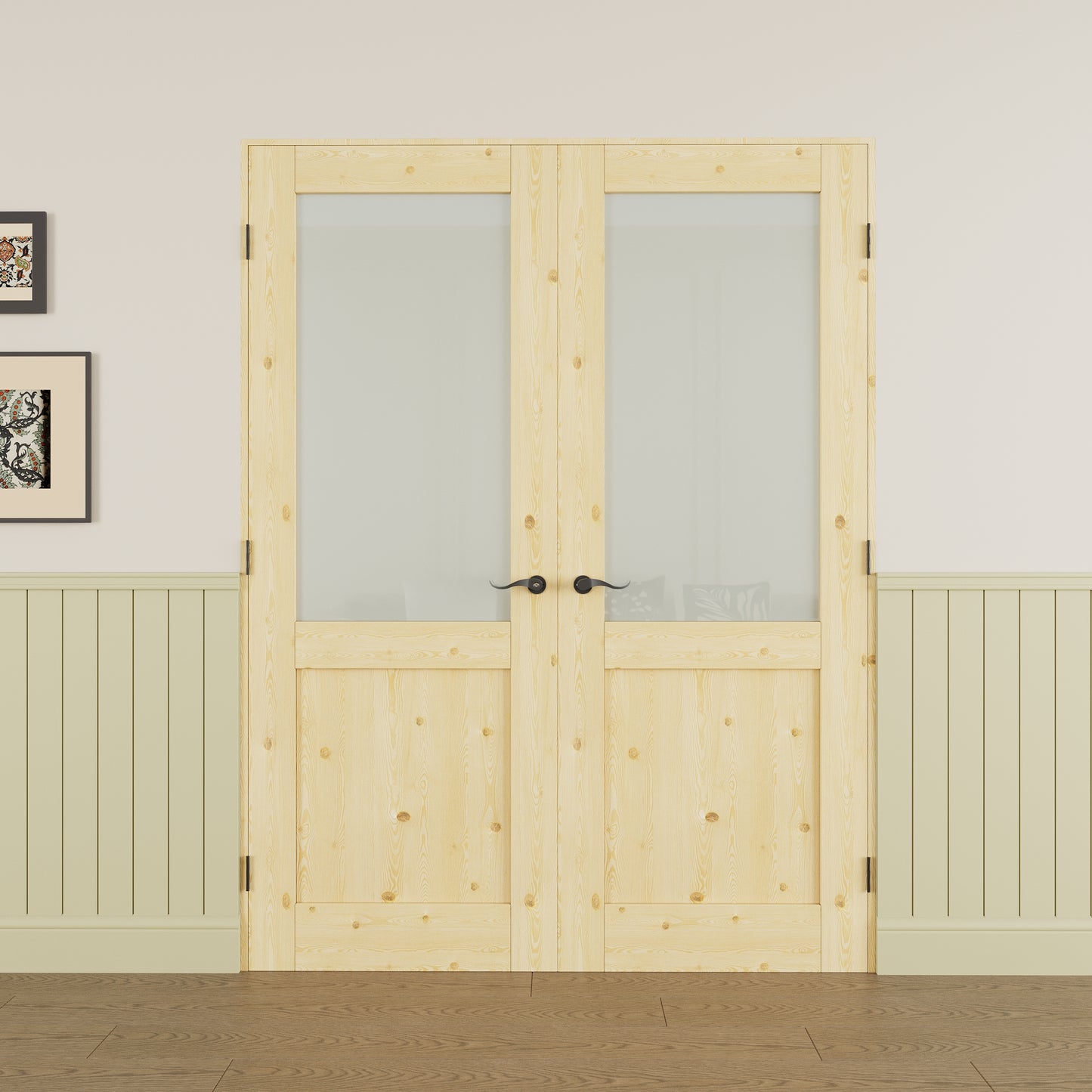 JUJUBON Prehung French Door, Half Tempered Frosted Glass & Pine Wood Door Slabs with Jamb, Black Hinges, 4 Levers & Latch, Solid Core Interior Doors, Unfinished Double Doors Interior