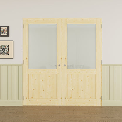 JUJUBON Prehung French Door, Half-Lite Tempered Frosted Glass & Pine Wood Panel with Sliver Handware Kits, 4 Levers & Latch, Solid Core Interior Doors, Uninished & Paintable Double Doors Interior