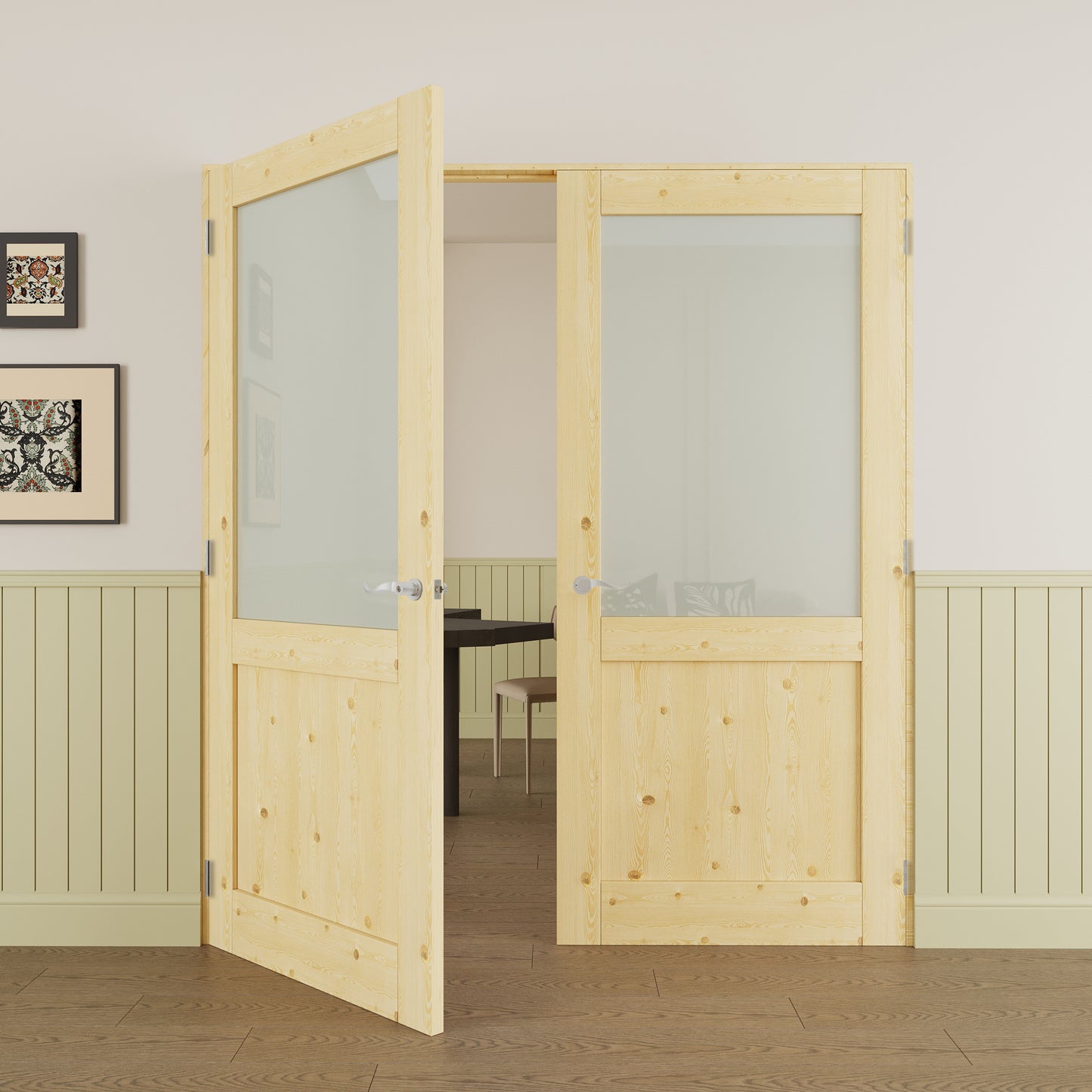 JUJUBON Prehung French Door, Half-Lite Tempered Frosted Glass & Pine Wood Panel with Sliver Handware Kits, 4 Levers & Latch, Solid Core Interior Doors, Uninished & Paintable Double Doors Interior