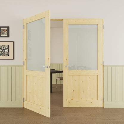 JUJUBON Prehung French Door, Half-Lite Tempered Frosted Glass & Pine Wood Panel with Sliver Handware Kits, 4 Levers & Latch, Solid Core Interior Doors, Uninished & Paintable Double Doors Interior