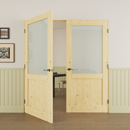 JUJUBON Prehung French Door, Half Tempered Frosted Glass & Pine Wood Door Slabs with Jamb, Black Hinges, 4 Levers & Latch, Solid Core Interior Doors, Unfinished Double Doors Interior