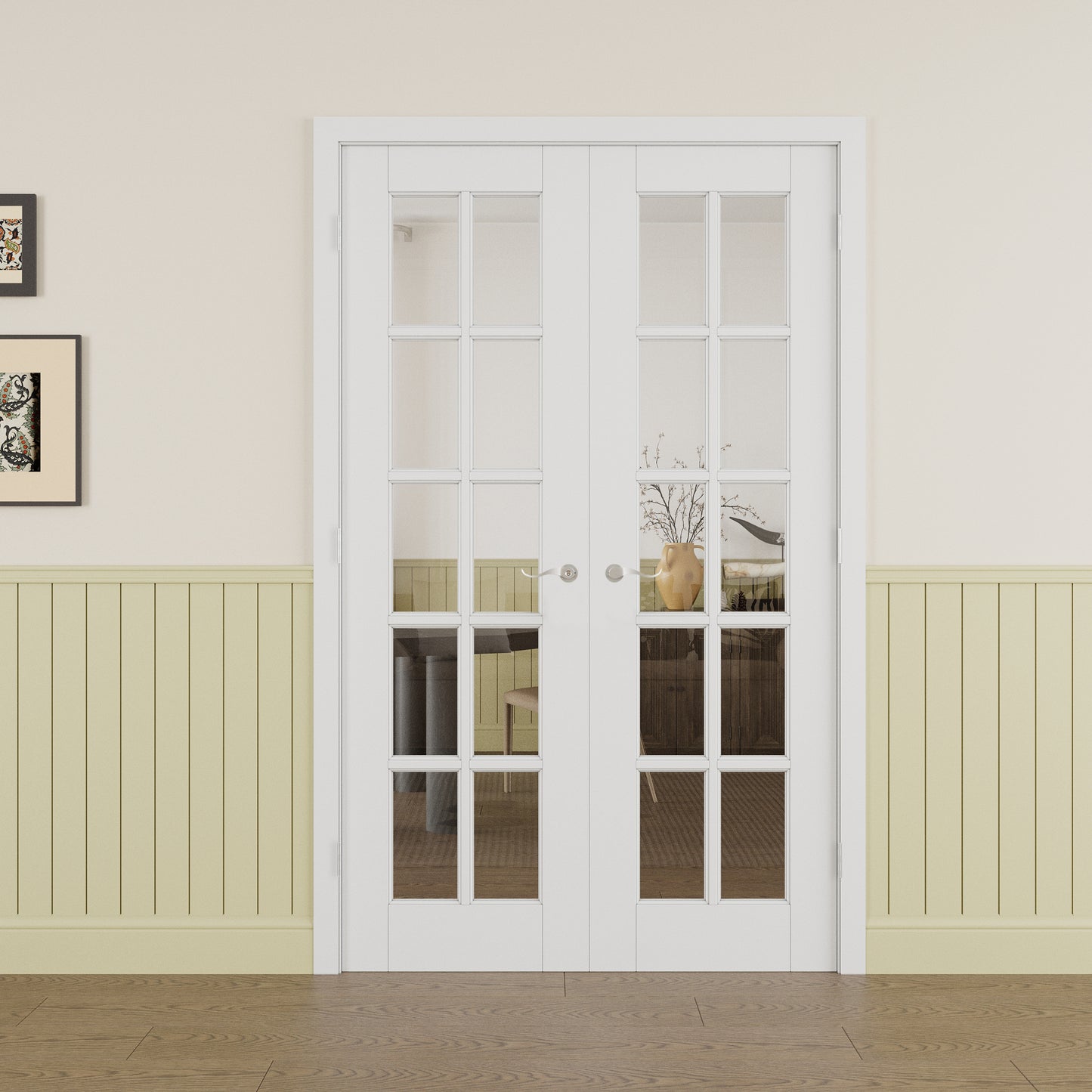 JUJUBON Prehung French Door, 10-Lite Clear Glass Panel with Sliver Handware Kits, 4 Levers & Latch, Solid Core Interior Doors, Pre-Finished & Paintable, MDF Double Doors Interior