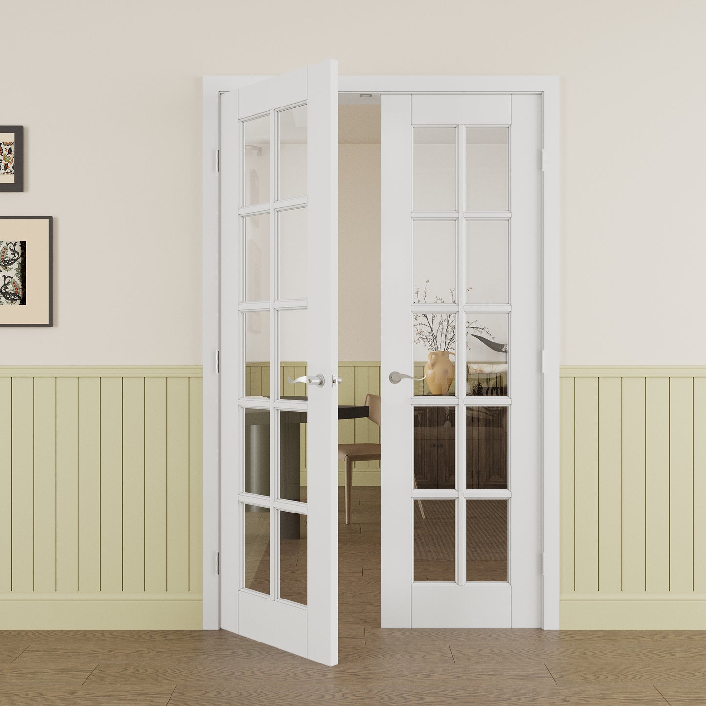 JUJUBON Prehung French Door, 10-Lite Clear Glass Panel with Sliver Handware Kits, 4 Levers & Latch, Solid Core Interior Doors, Pre-Finished & Paintable, MDF Double Doors Interior