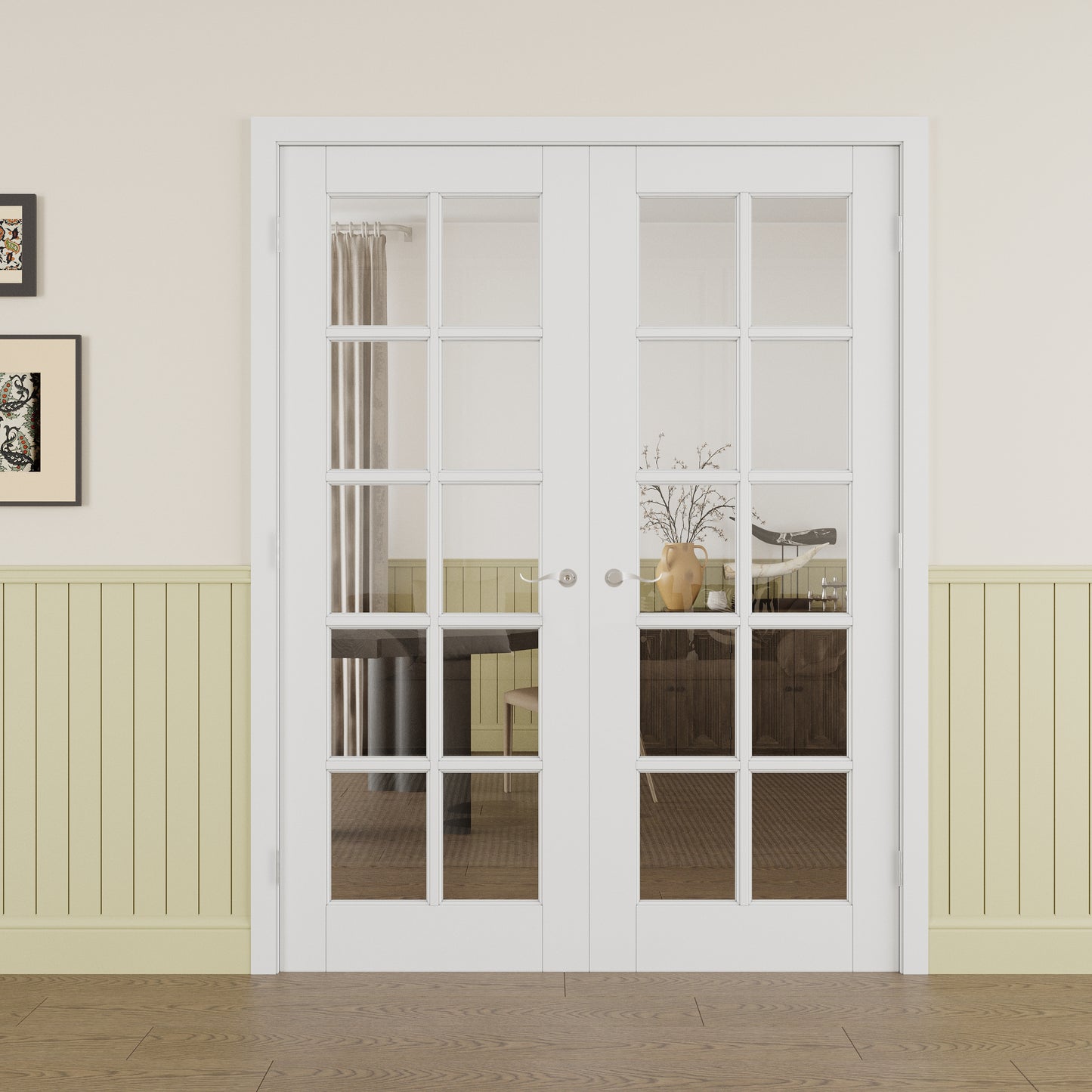 JUJUBON Prehung French Door, 10-Lite Clear Glass Panel with Sliver Handware Kits, 4 Levers & Latch, Solid Core Interior Doors, Pre-Finished & Paintable, MDF Double Doors Interior