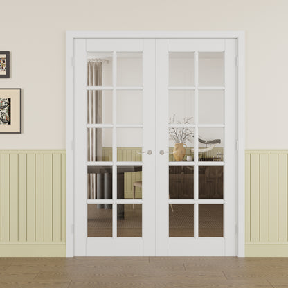 JUJUBON Prehung French Door, 10-Lite Clear Glass Panel with Sliver Handware Kits, 4 Levers & Latch, Solid Core Interior Doors, Pre-Finished & Paintable, MDF Double Doors Interior