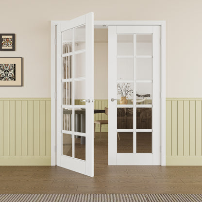 JUJUBON Prehung French Door, 10-Lite Clear Glass Panel with Sliver Handware Kits, 4 Levers & Latch, Solid Core Interior Doors, Pre-Finished & Paintable, MDF Double Doors Interior